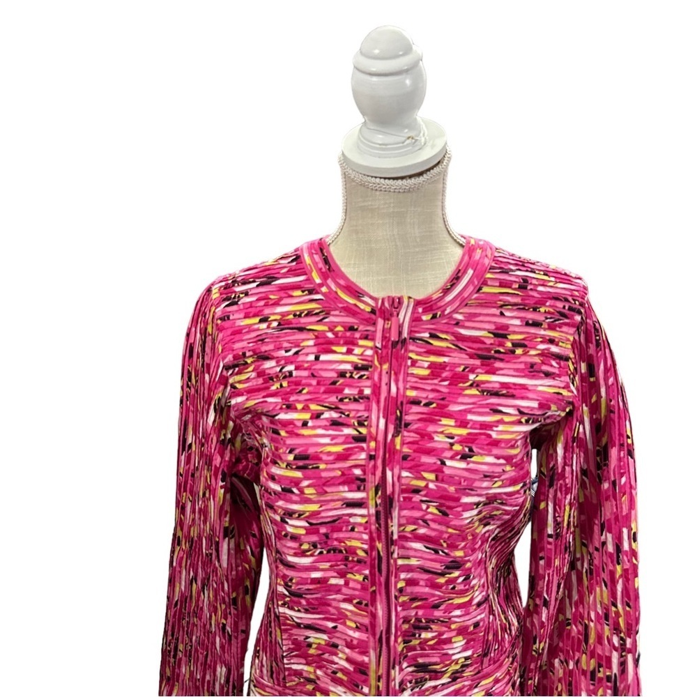 Lauren Ashley Women Pink Textured Striped Full Zip Jacket Sz S Cotton Art 2 Wear